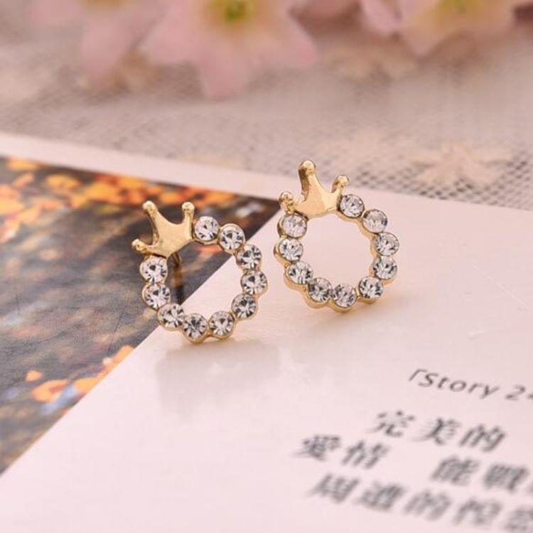 Simple Crown Round Glossy Rhinestone Earrings For Women