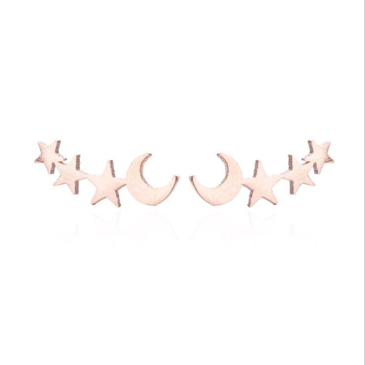 Simple Moon Star Stud Earrings for Women Birthday Gift Jewelry(Rose Gold )