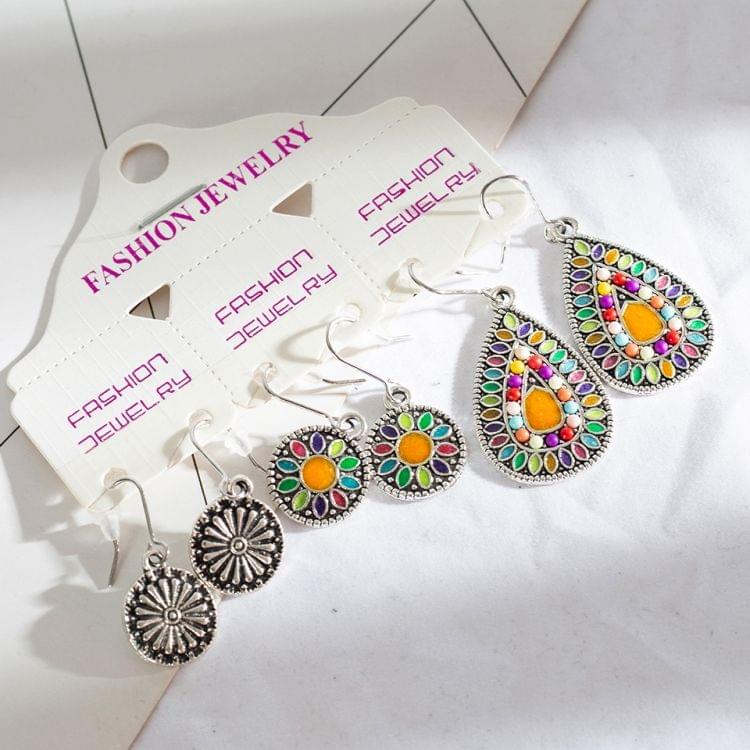 3Pairs/Set Women Vintage Bohemian Ethnic Dangle Colour Droplet Shape Earrings