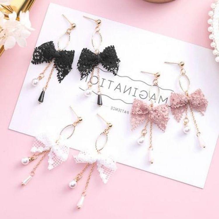 Cute Lace Bow-knot Tassel Pearl Earrings Jewelry(White)