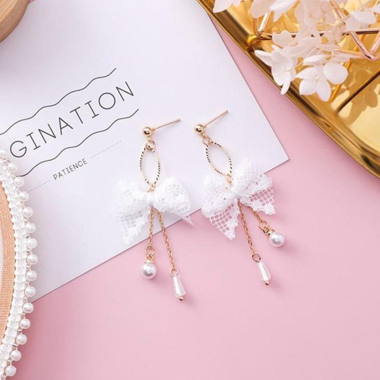 Cute Lace Bow-knot Tassel Pearl Earrings Jewelry(White)