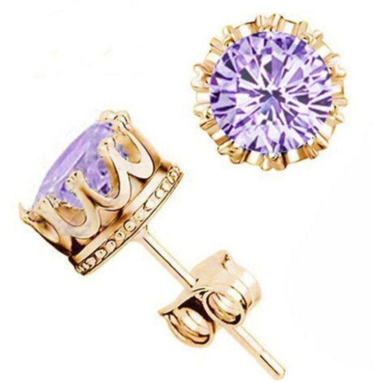 Women Crown Earrings Crystal Jewelry Double Stud Earrings (Silver + Purple)