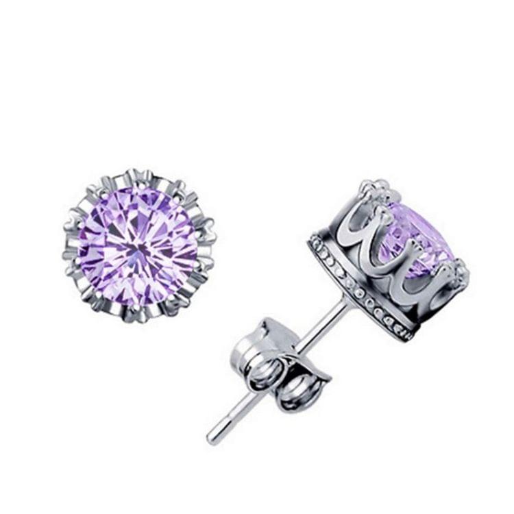 Women Crown Earrings Crystal Jewelry Double Stud Earrings (Silver + Purple)