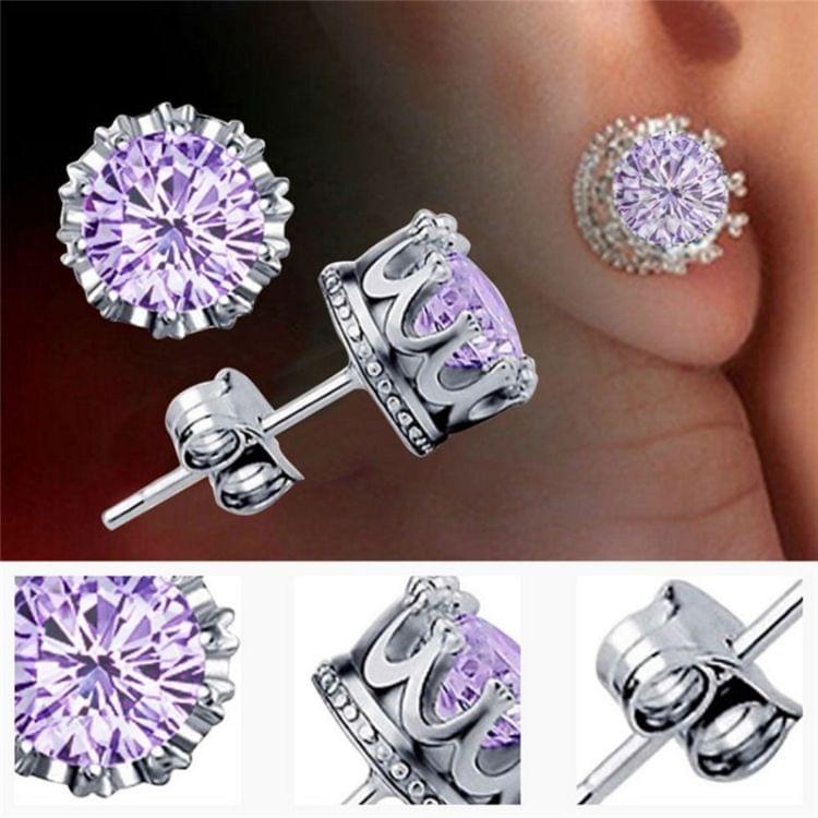 Women Crown Earrings Crystal Jewelry Double Stud Earrings (Silver + Purple)