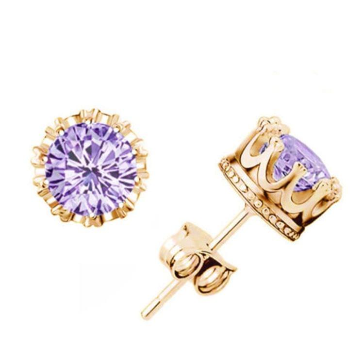 Women Crown Earrings Crystal Jewelry Double Stud Earrings (Silver + Purple)