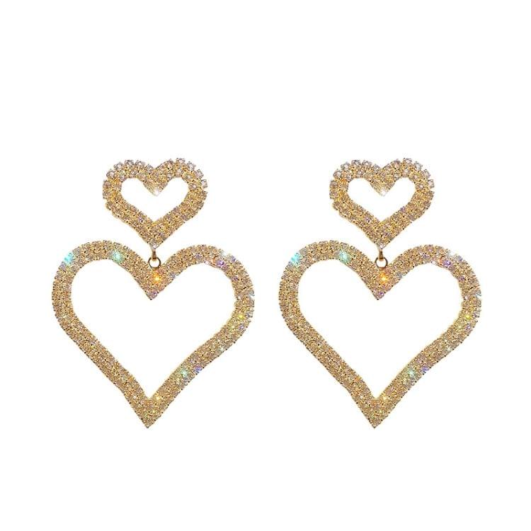 925 Silver Fashion Exaggerated Diamond Double Heart Long Earring For Women(Gold)