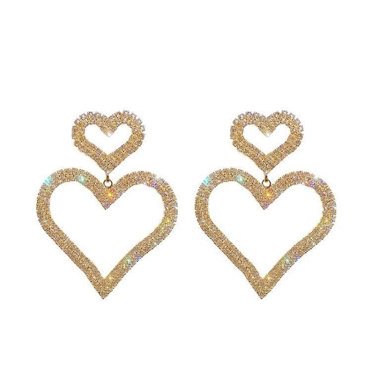 925 Silver Fashion Exaggerated Diamond Double Heart Long Earring For Women(Gold)