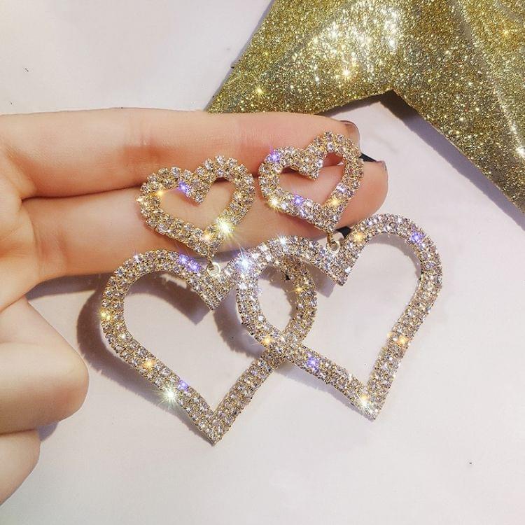 925 Silver Fashion Exaggerated Diamond Double Heart Long Earring For Women(Gold)