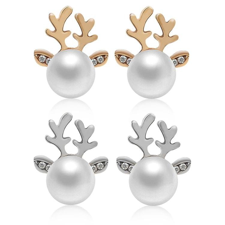 Micro-set Pearl Antler Earrings Deer Head  Earrings Elk Ear Studs(Silver)