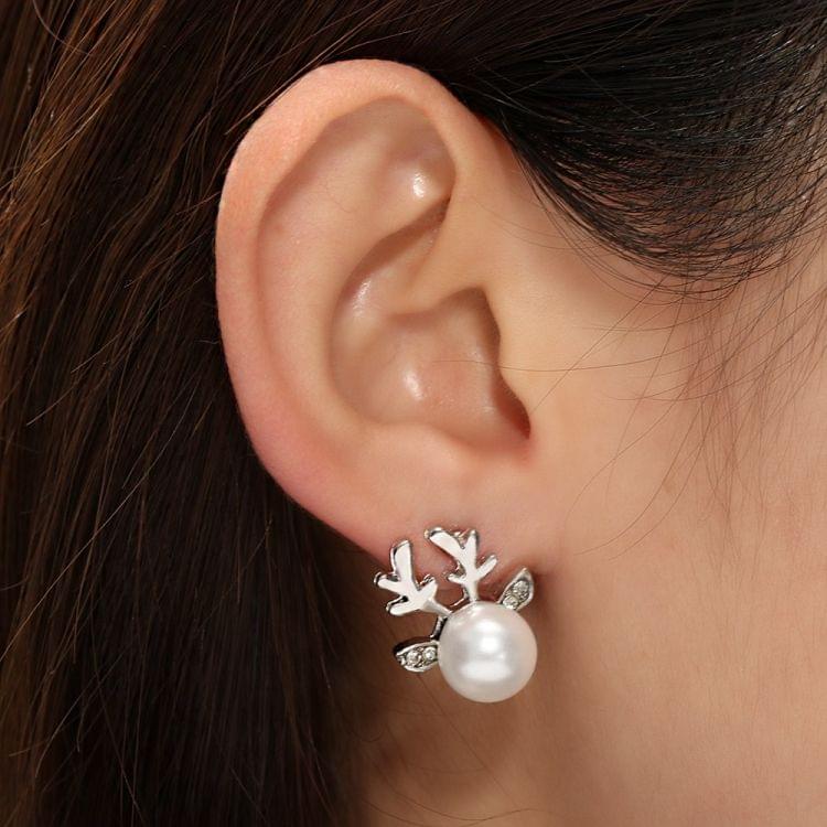 Micro-set Pearl Antler Earrings Deer Head  Earrings Elk Ear Studs(Silver)