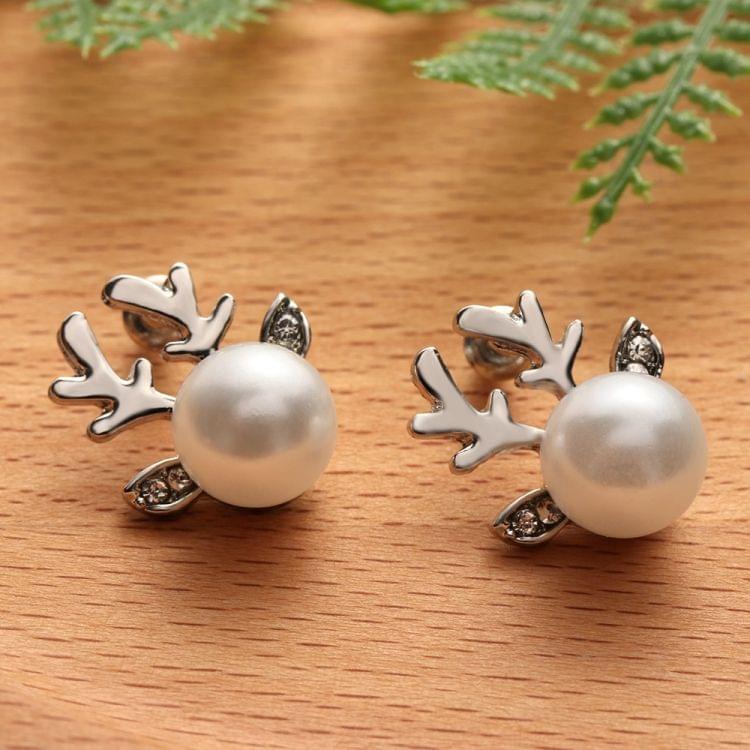 Micro-set Pearl Antler Earrings Deer Head  Earrings Elk Ear Studs(Silver)