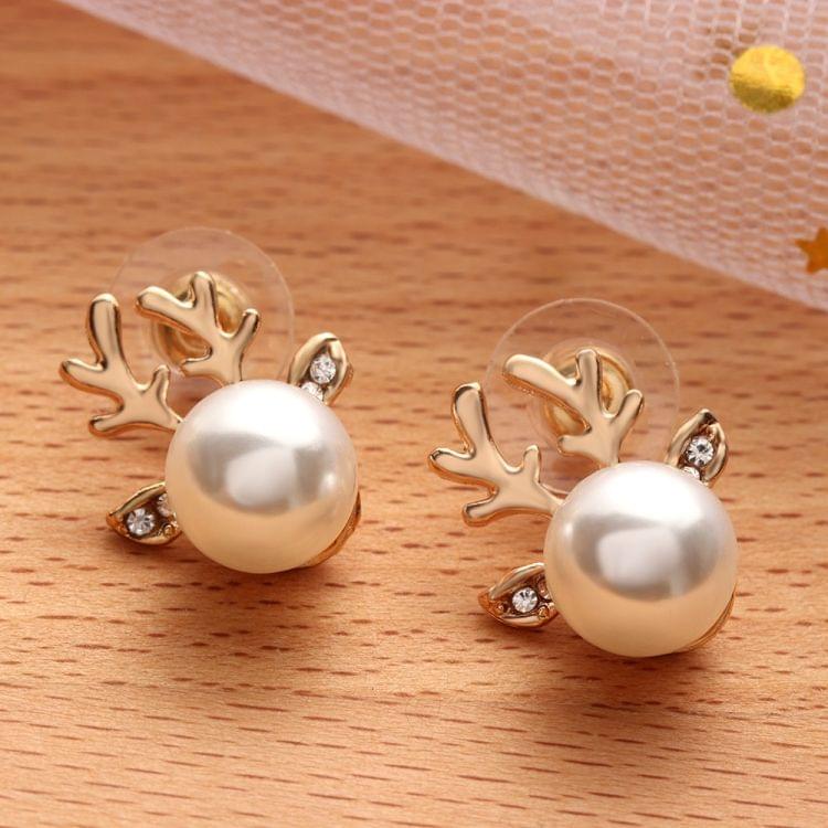 Micro-set Pearl Antler Earrings Deer Head  Earrings Elk Ear Studs(Silver)