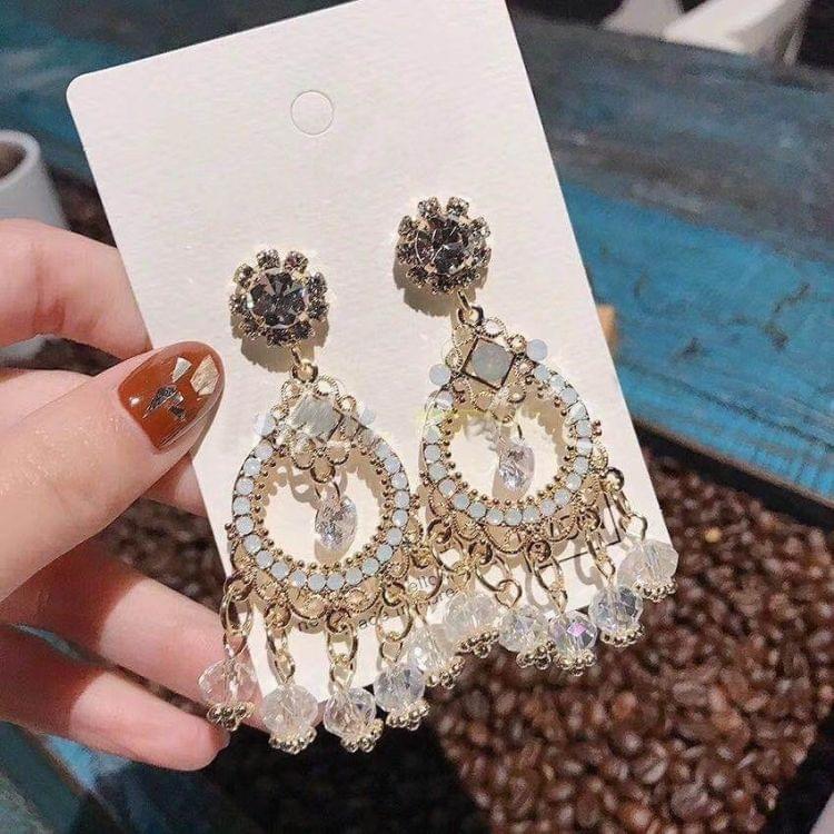 Baroque Style Big Circle Crystal Tassel Earrings For Women