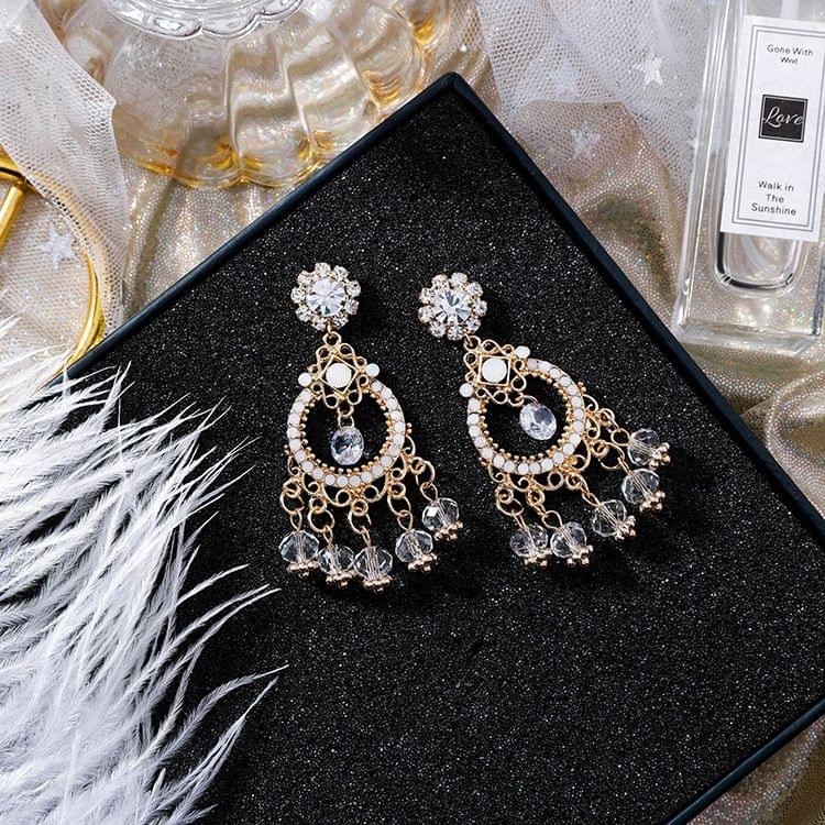 Baroque Style Big Circle Crystal Tassel Earrings For Women