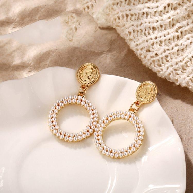 Women Personality Geometric Round Simple Metal Pearl Hollow Earring