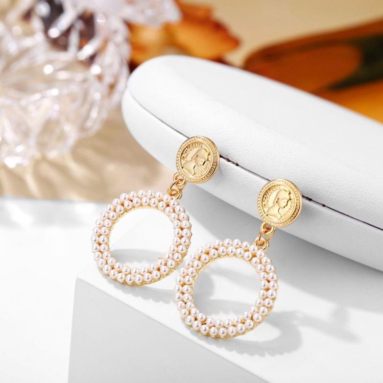 Women Personality Geometric Round Simple Metal Pearl Hollow Earring