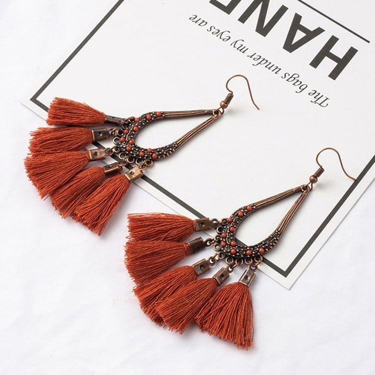 2 Pairs Women Tassel Bohemia Vintage Water Drop Shape Earring(Coffee)