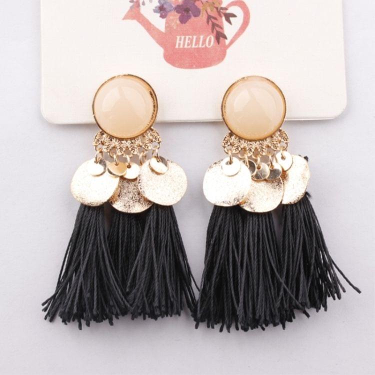 Ethnic Bohemia Women Dangle Drop Earrings Round Resin Tassel Earrings(Black)