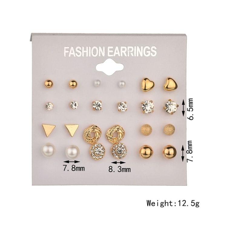 Square Crystal Heart Stud Earrings Pearl Flower Earrings Set for Women(Black Card Gold Color)