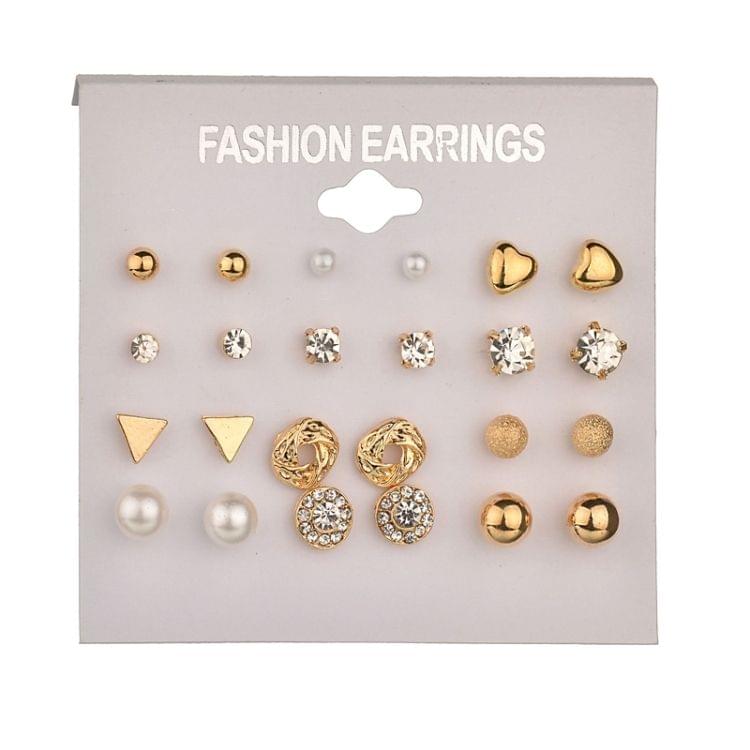 Square Crystal Heart Stud Earrings Pearl Flower Earrings Set for Women(Black Card Gold Color)