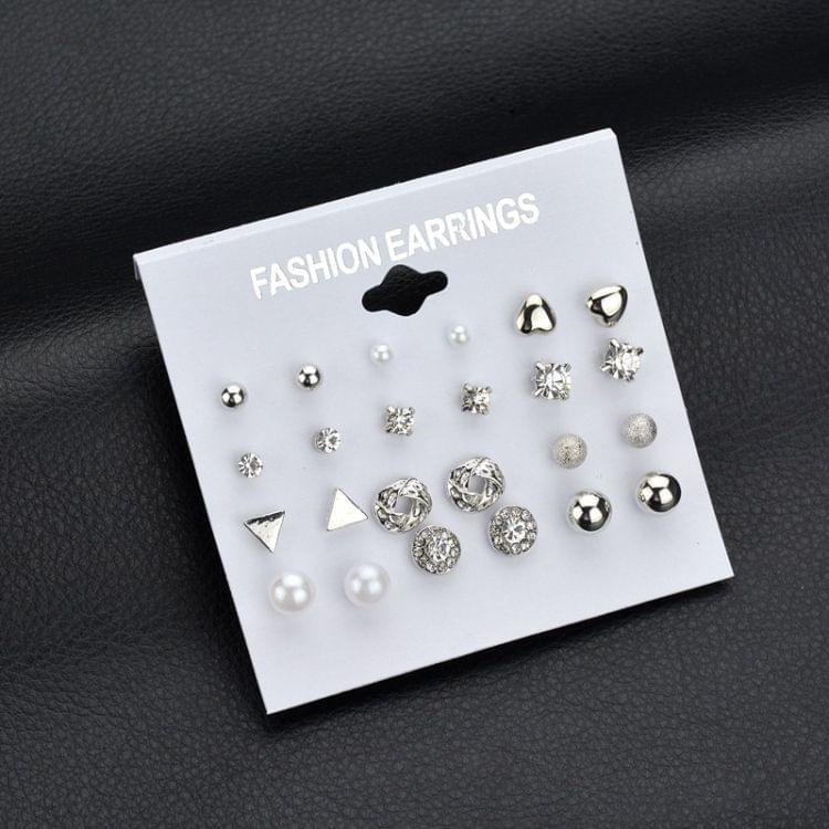 Square Crystal Heart Stud Earrings Pearl Flower Earrings Set for Women(Black Card Gold Color)