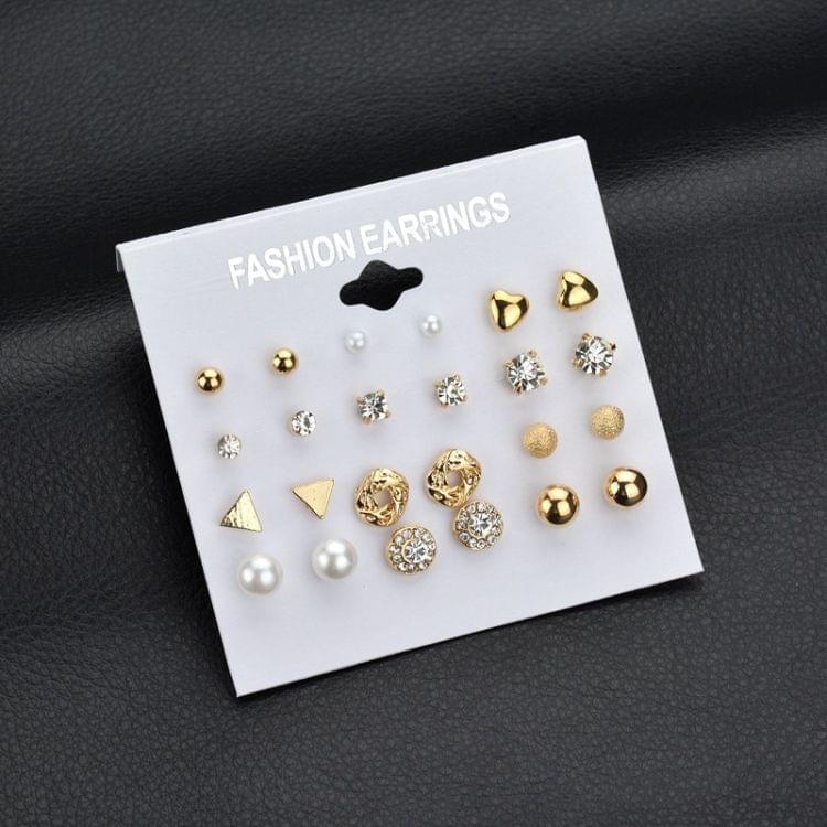 Square Crystal Heart Stud Earrings Pearl Flower Earrings Set for Women(Black Card Gold Color)