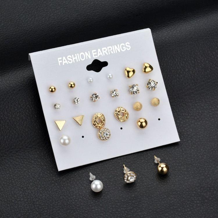 Square Crystal Heart Stud Earrings Pearl Flower Earrings Set for Women(Black Card Gold Color)