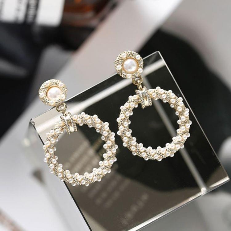 Fashion 925 Silver Pearl Tassel Temperament Geometric Round Earrings For Women