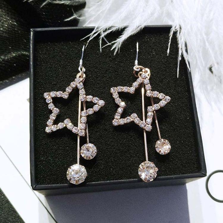 Personality Hollow Pentagram Long Tassel Rhinestone Earring for Women(Gold)