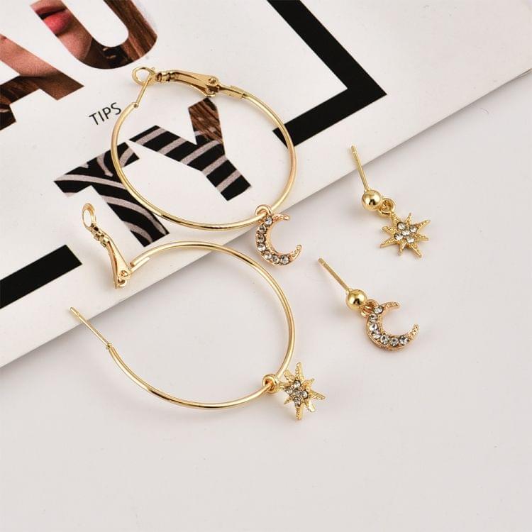 Ladies Crystal Earrings Stars The Moon Ear Ring Suit(Gold)