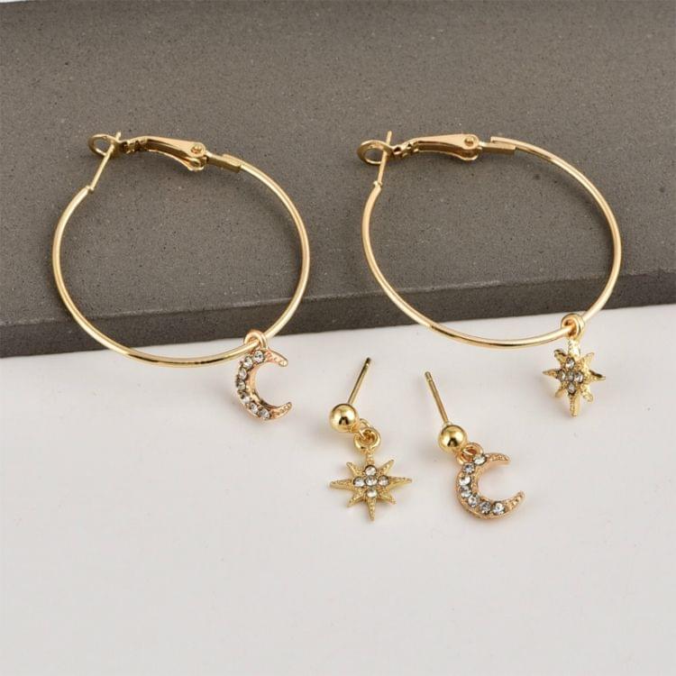 Ladies Crystal Earrings Stars The Moon Ear Ring Suit(Gold)