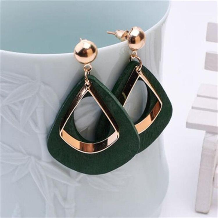 Women Fashion Wooden Earrings Ear Studs(Green)