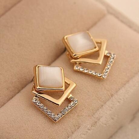 Fashion Sparking Rhinestone Geometry Square Opal Stud Earrings(Gold)