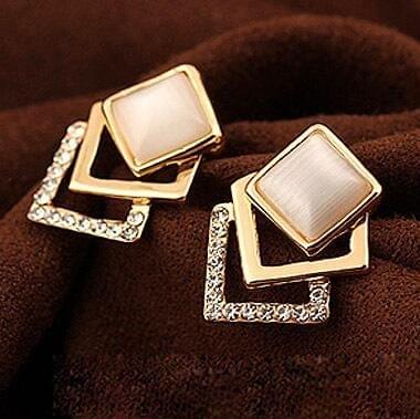 Fashion Sparking Rhinestone Geometry Square Opal Stud Earrings(Gold)