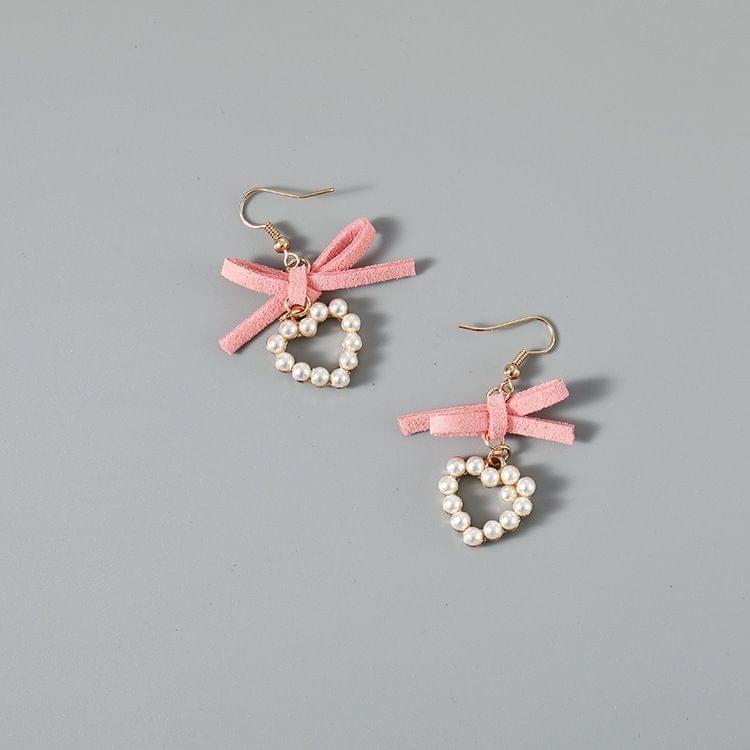 Pink Cloth Bowknot Pearl Heart Shape Earrings For Women