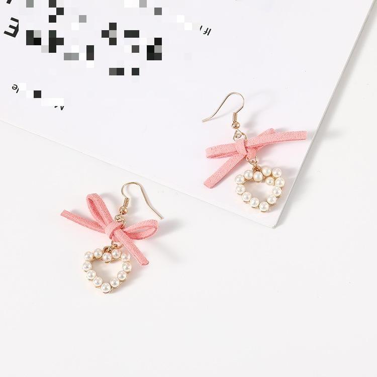 Pink Cloth Bowknot Pearl Heart Shape Earrings For Women