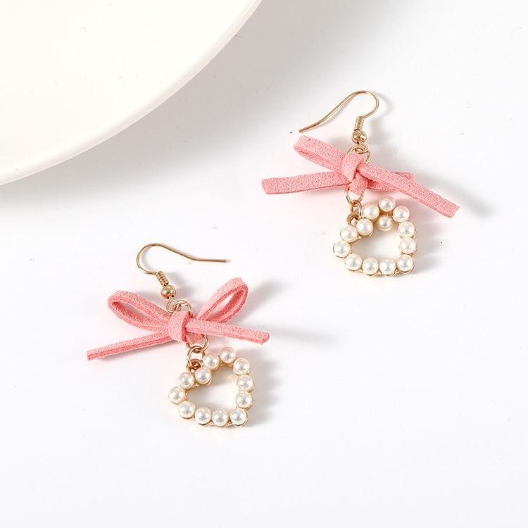 Pink Cloth Bowknot Pearl Heart Shape Earrings For Women