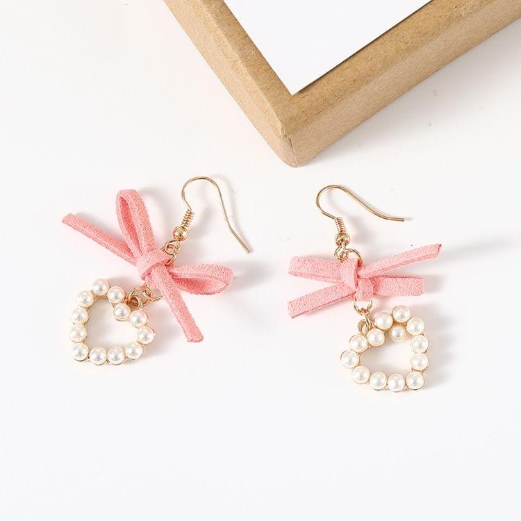 Pink Cloth Bowknot Pearl Heart Shape Earrings For Women