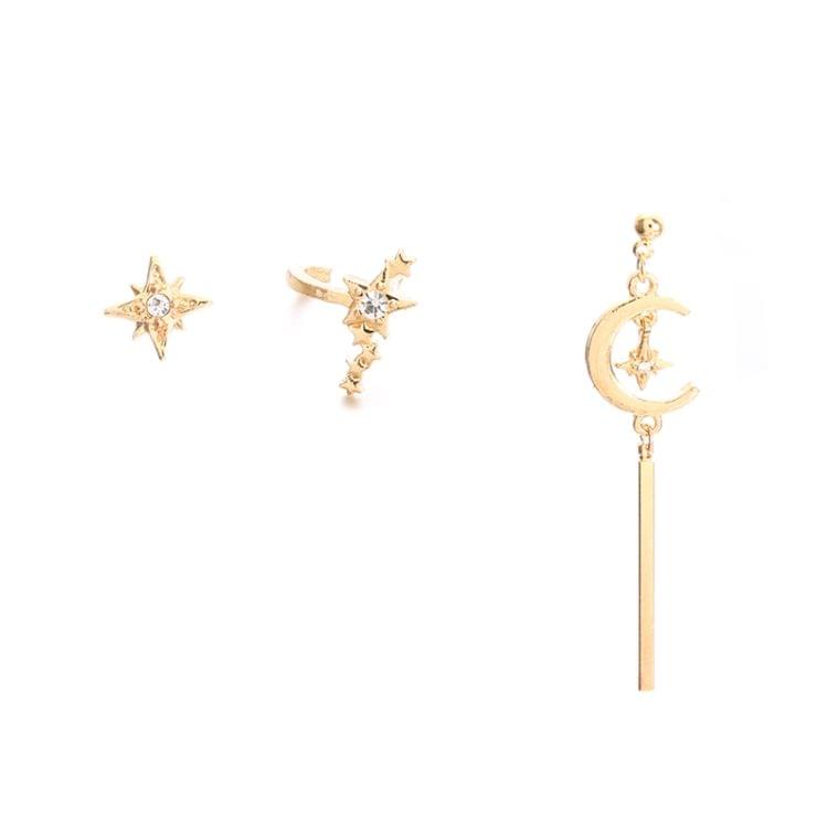 3 PCS Vintage Moon Star Long Stud Earring with Diamond For Women