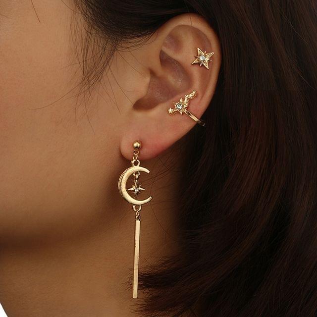 3 PCS Vintage Moon Star Long Stud Earring with Diamond For Women