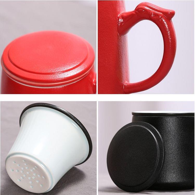 Coarse Pottery Large Capacity Mug Water Cup Travel Tea Set, with Filter & Cover & Handy Bag (Red)