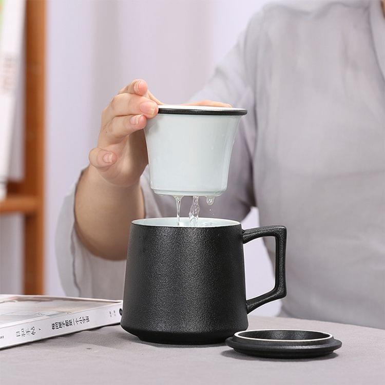 Coarse Pottery Large Capacity Mug Water Cup Travel Tea Set, with Filter & Cover & Handy Bag (Black)