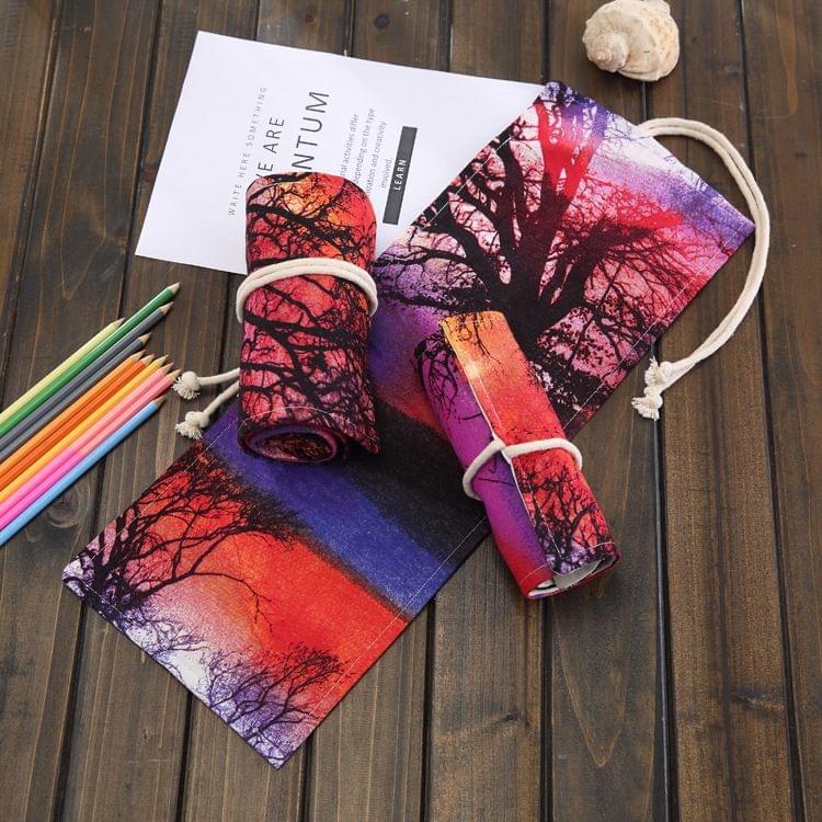 36 Slots Sunset Tree Print Pen Bag Canvas Pencil Wrap Curtain Roll Up Pencil Case Stationery Pouch