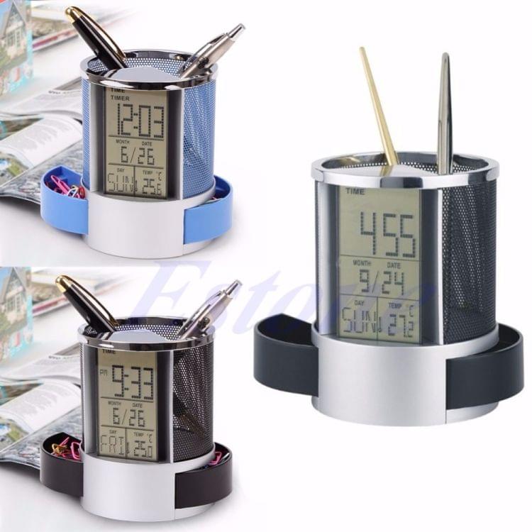 Desk Mesh Pen Pencil Holder Perpetual Calendar Office Supplies Multifunctional Digital LED Pens Storage Box(Black)