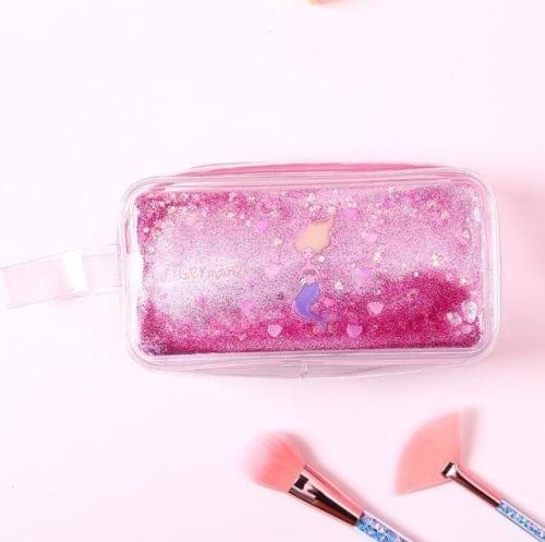 Cute PVC Pig Pattern Pencil Case Colorful Transparent Quicksand Girl Pen Bag Creative Stationery School Supplies(Pink Mermaid)