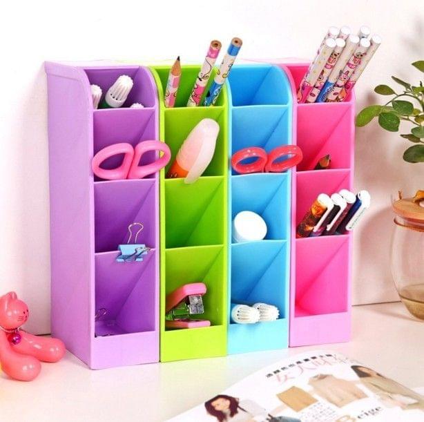 2 PCS Multi-function 4 Grid Desktop Pen Holder Office School Storage Case Plastic Box Desk Pen Pencil Organizer(Red)