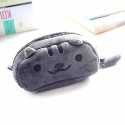 Cute Soft Short Plush Cat Makeup Bag Pen Bag Large Capacity Student Learning Pencil Case(Black and Grey)