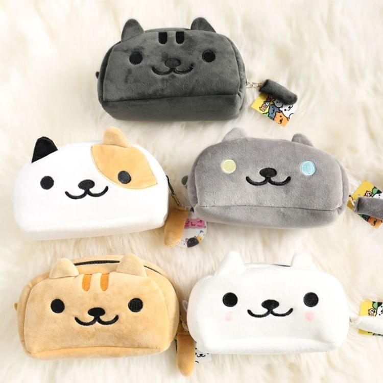 Cute Soft Short Plush Cat Makeup Bag Pen Bag Large Capacity Student Learning Pencil Case(Black and Grey)