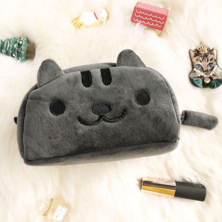 Cute Soft Short Plush Cat Makeup Bag Pen Bag Large Capacity Student Learning Pencil Case(Black and Grey)