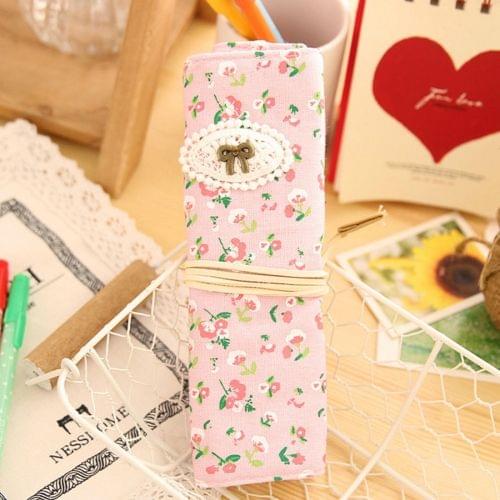 Creative Stationery Canvas Pastoral Style Floral Roll Pen Pencil Case Bag for School Office Supply(Pink)